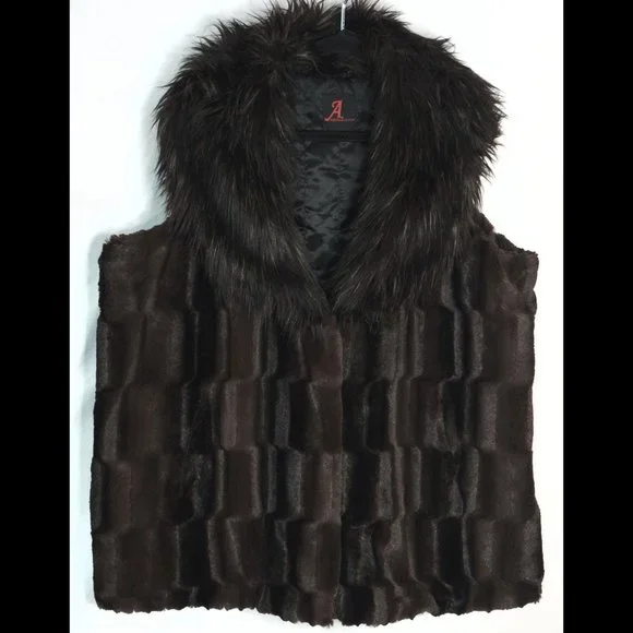 Nice 3X ADRIENNE LANDAU *MEGA COLLAR* Brown Women's Lined Faux Fur Trimmed Vest - Picture 3 of 3
